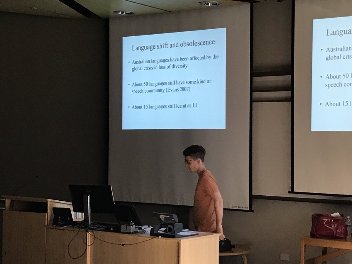 becauselangpod's tweet photo. Nordlinger & Mansfield: Many Aus langs have fallen silent, but some are still going fine. Kriol’s huge. So are mixed langs, which borrow elements from multiple langs.
Still blows me away that Pama-Nyungan langs typically lack voice contrast (ex: b&p same) & fricatives.
#ALT2017 https://t.co/RTGbTiNrEJ