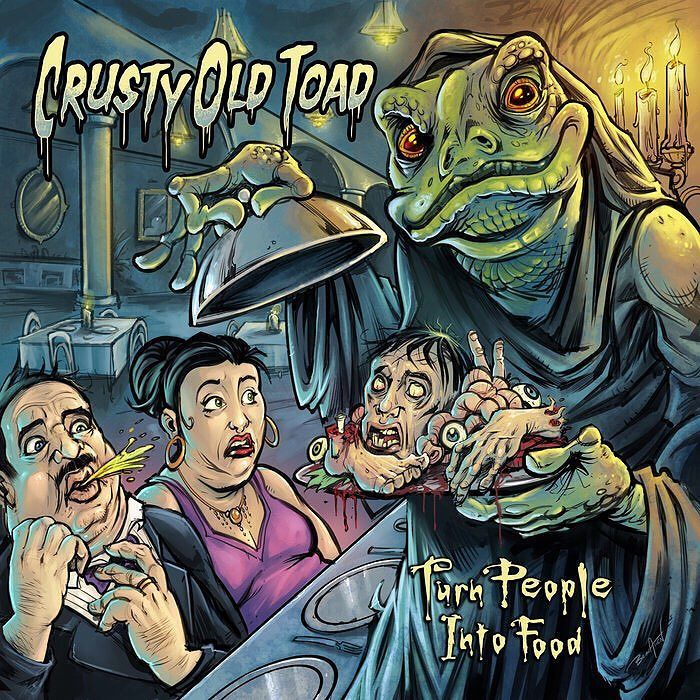 flylanddesigns's tweet photo. #Album cover called “Turn People Into Food” I illustrated for the #heavymetal #band #CrustyOldToad featuring the first giant toad monk holding a plate of body parts that I’ve ever drawn!
The band and I didn’t take the art too seriously - we wanted someth… https://t.co/aaVUgwCqVC https://t.co/GYRtu6wz18