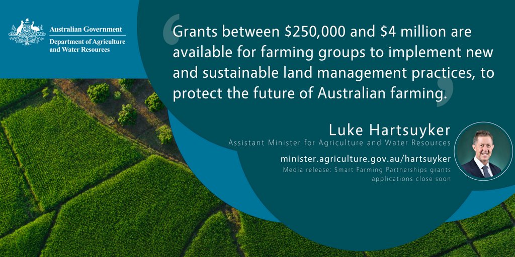 DAFFgov's tweet photo. Smart Farming Partnerships grants applications close soon @Luke_Hartsuyker | https://t.co/GRBZonBRdd #Landcare https://t.co/K1WRSz2Xmh