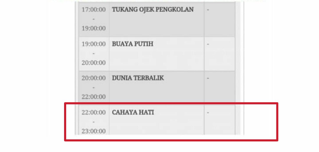 Ini gak salah aapaaaaaahhh jam tayang CAHAYA HATI pindah jam 10 pm.

Ora menarik blaaassss susunan nya acaranya <a href="/OfficialRCTI/">RCTI</a> <a href="/dini_putri21/">Dini Putri</a> <a href="/LayarDrama_RCTI/">Layar Drama RCTI</a> ntar paling lama2 TAMAT tuh CAHAYA HATI