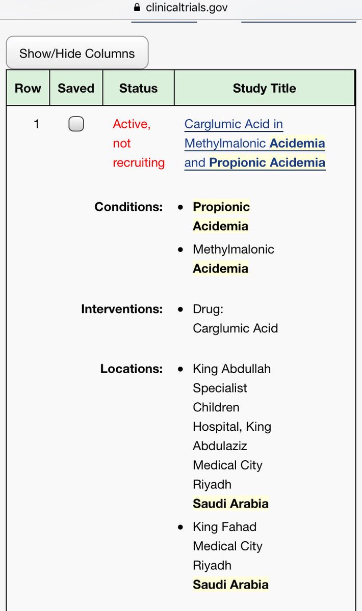 هذا الموقع تابع للمركز الوطني الصحي الأمريكي NIH ويحتوي غالبية التجارب السريرية في أمريكا وحول العالم. بإمكانك البحث بإسم المرض، الجين، الأعراض أو العلاج في أي دولة. مثلاً، هنا بحثت عن تجارب سريريه لمرضPropionic Acidemia في السعودية ووجدت تجربة في الرياض.
nih.gov/health-informa…