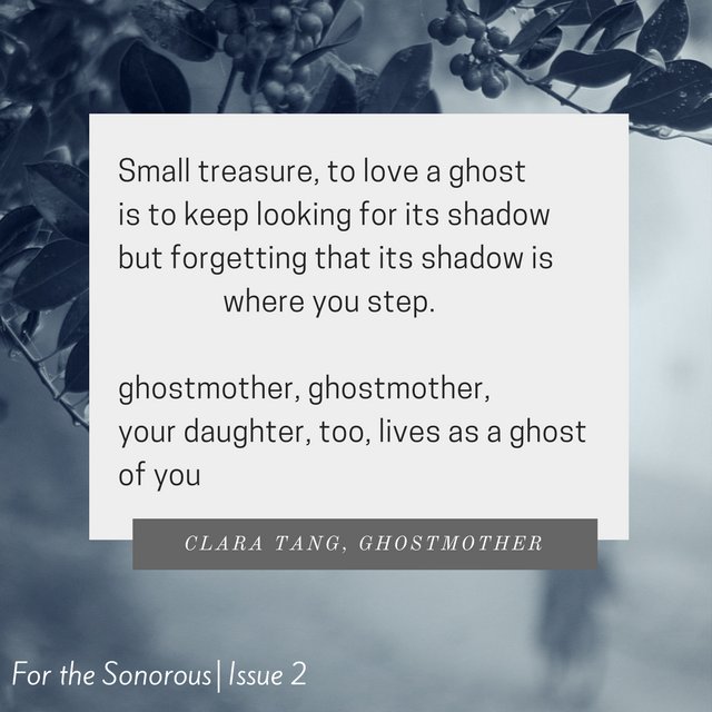 forthesonorous's tweet photo. Read Clara Tang's #poem "Ghostmother" & other #prose and #poetry from #WOC and #nonbinarypoc in Issue 2: https://t.co/bND31OdgKV https://t.co/BfE8gAZ4Te