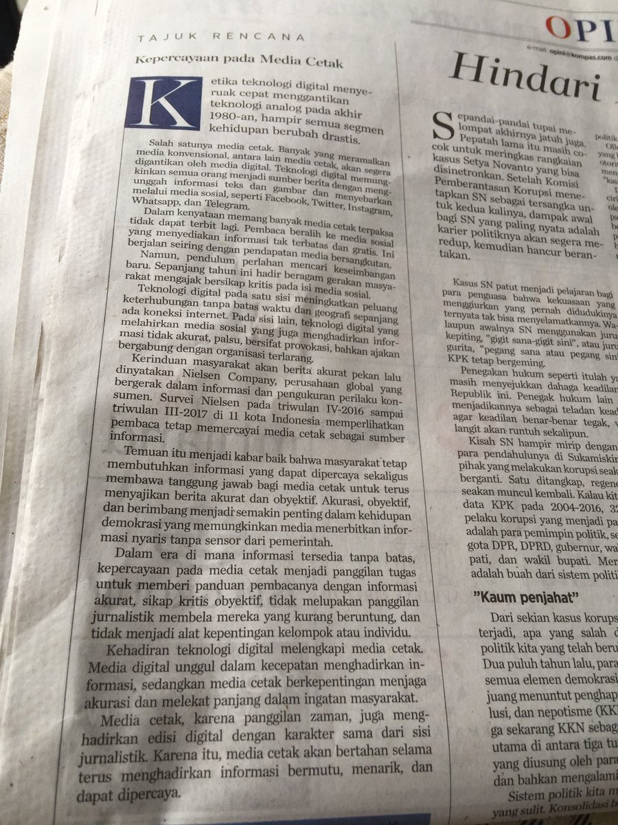 hincapandjaitan's tweet photo. ketika ruang digital lepas kontrol akan akurasinya, Media Cetak pilihannya. Keseimbangan digital &amp; media cetak sgr menemukan titiknya. Tks Tajuk Rencana @hariankompas Teruslah berkiprah pd jalur jurnalisme hadirkan informasi bermutu, menarik &amp; dipercaya https://t.co/fXwEJBdLGi