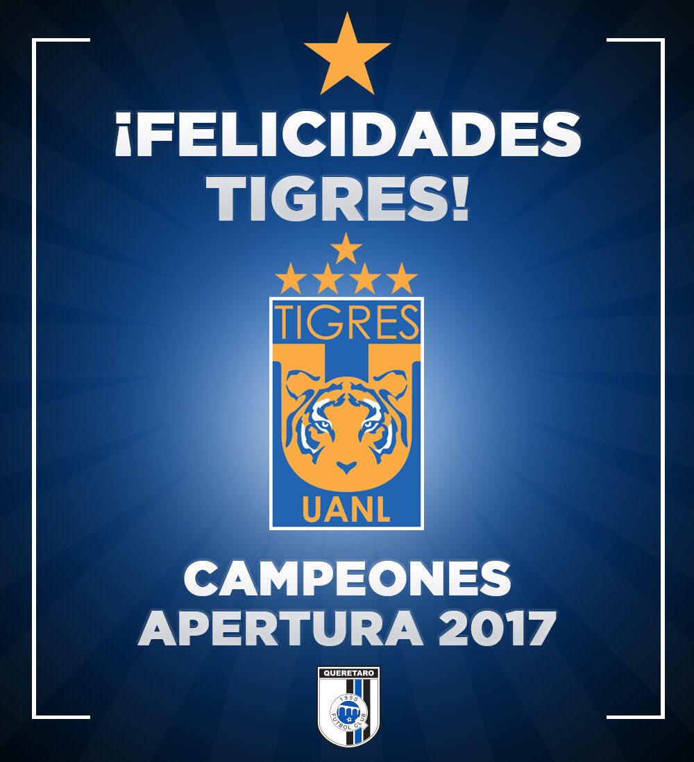 ¡Muchas felicidades,<a href="/TigresOficial/">Club Tigres 🐯</a>!
👏🏻🐯🏆Campeones Apertura 2017.
