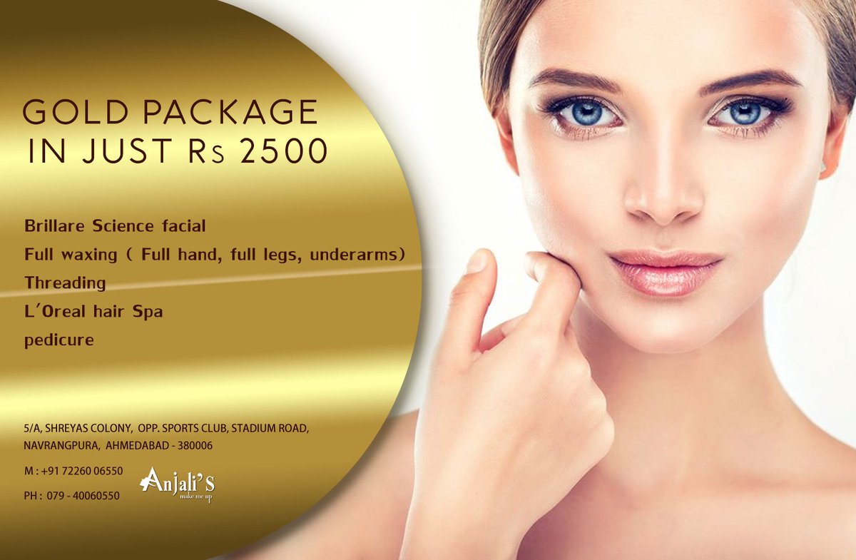 Anjalisalon's tweet photo. ✨Introducing 💖🎊#GoldPackage🎊💖 in Just Rs. 2500
✨Brillare Science facial at Anjali's - Women Salon in Ahmedabad
#Fullwaxing(Full hand, Full leg, underarms)
#Threading
#L'orealHairSpa
#pedicure https://t.co/qIiqUMTEUm