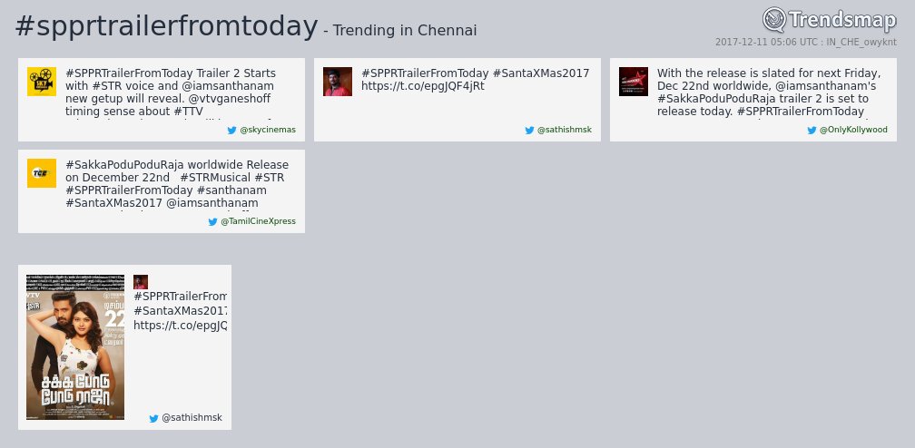 SanthanamTrends's tweet photo. Trended #SPPRTrailerFromToday vera level Next Trailer with #STRvoice Loosepenne wow awaiting 😘💐 @sethuviscom https://t.co/ZZtZhryA73