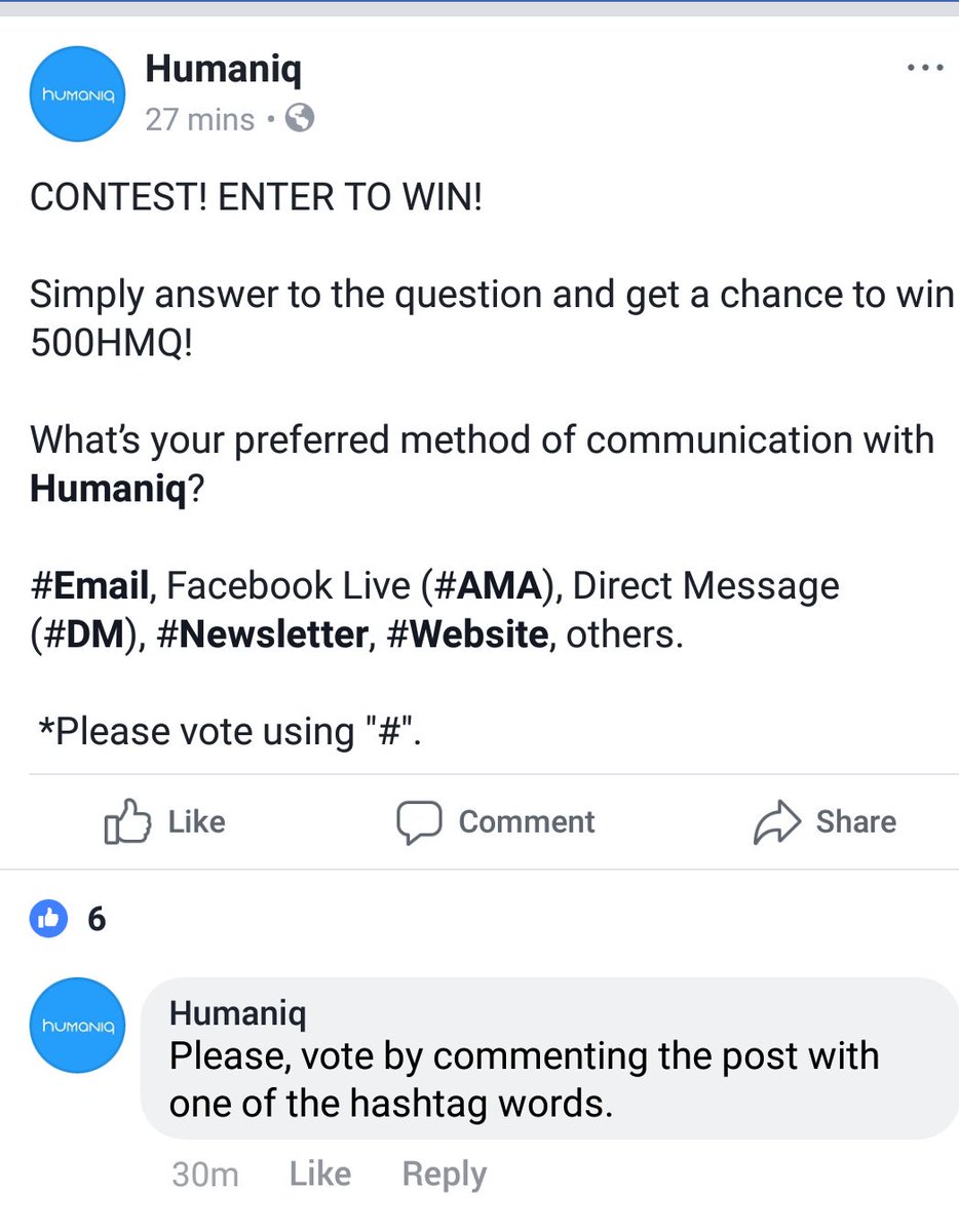 Humaniq Twitterissa Contest On Facebook Simply Answer To The Question On Fb And Get A Chance To Win 500 Hmq What S Your Preferred Method Of Communication With Humaniq Email Facebook Live Ama