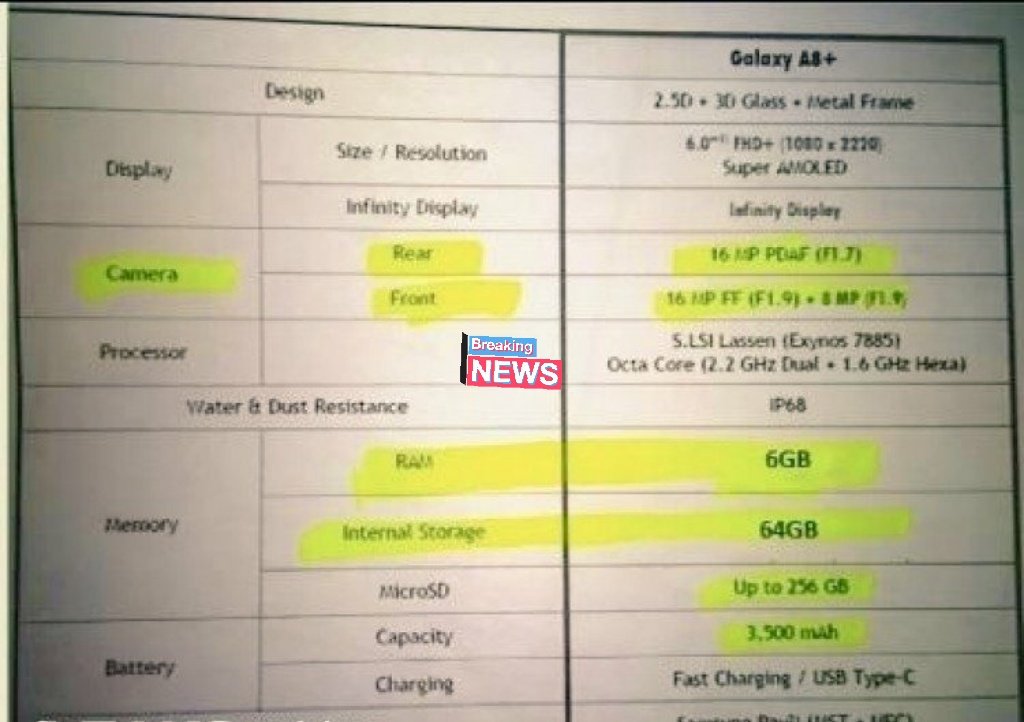 DJIMB3RRY's tweet photo. RT @Tech2143: #Samsung #GalaxyA8Plus_2018 #SamsungGalaxyA8Plus _2018Eidition specs and photos #Leaked 6inches HD+ 1080×2220 SuperAMOLED OctaCore2.2Ghz #RAM6GB 64GB Storage iP68 water & Dust Resistance #3500MAH Fast charging USB Type-C
#Tech2143 #TechNe… https://t.co/kja2Zw5T8H