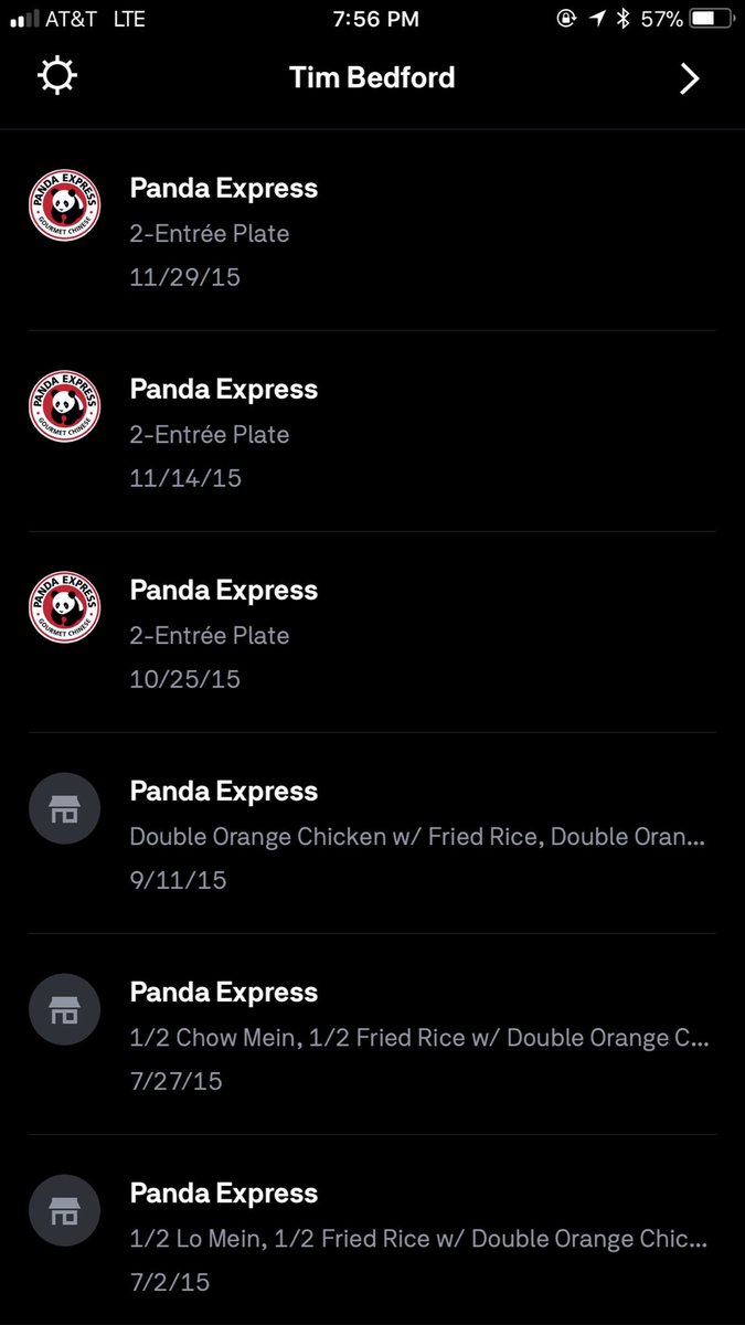timbedford's tweet photo. i think this is the best stretch of me ever @postmates #orderhistory @pandaexpress https://t.co/g5DlIfzH2g