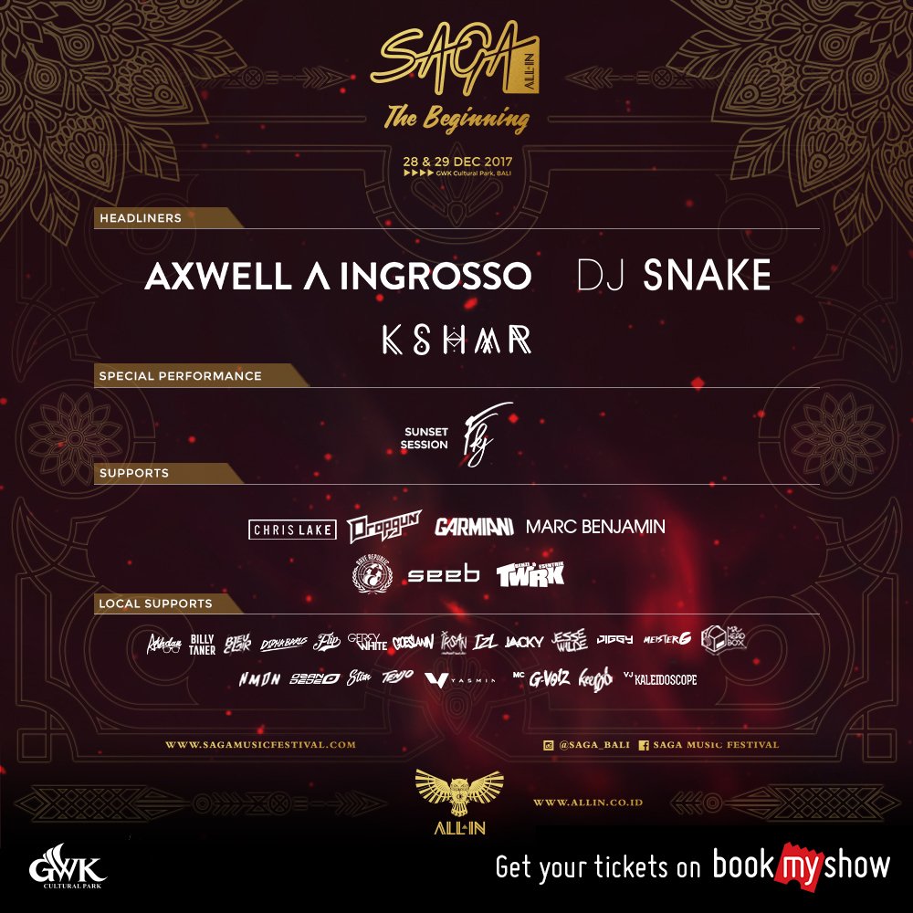 BookMyShowID's tweet photo. 📢 @djsnake  @Axwell @Ingrosso and @KSHMRmusic will be headlining @SAGA_Bali! Start from IDR 650K, book your tickets right now! https://t.co/oI4wEK5o8t  #SAGAMusicFestival https://t.co/ccRakfrGws