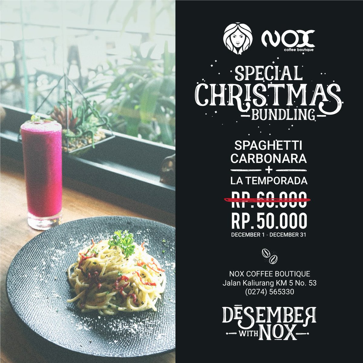 NoxCoffee's tweet photo. SAVED OR SCREENSHOOTS THIS!!!

Our Special Christmas Bundling!
Get only 50K for:
Spaghetti Carbonara + La Temporada!

Valid from 1st - 31th of Dec 2017!

See you at #NOXcoffee! https://t.co/qmgMjKpehv