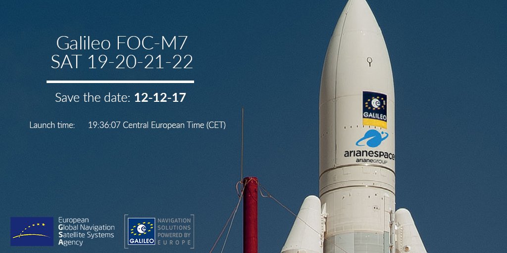 The next #Ariane5 Flight #VA240 launch, delivering 4 more #Galileo #satellites #satnav is tomorrow.  Mark your calendar, 12 December 19:36 CET ow.ly/js1q30h8TVE