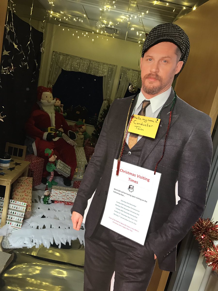 Here on our ward royal derby hospital we have our conductor @tomhardy ready for our passengers to board over Christmas #tomhardy #royalderbyhospital #hospitalchristmas #christmas #trainconductor #taboo #peakyblinders