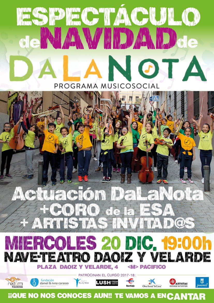 JMDCentro's tweet photo. DaLaNota es un proyecto de la comunidad educativa de nuestro distrito para prevenir la exclusión social de los menores a través del aprendizaje musical. 
El próximo miércoles 20 de diciembre nos invitan a un concierto en la Nave-Teatro Daoiz y Velarde 🎼🎻 https://t.co/jy0LQvIBTL https://t.co/mAvC60kjIl