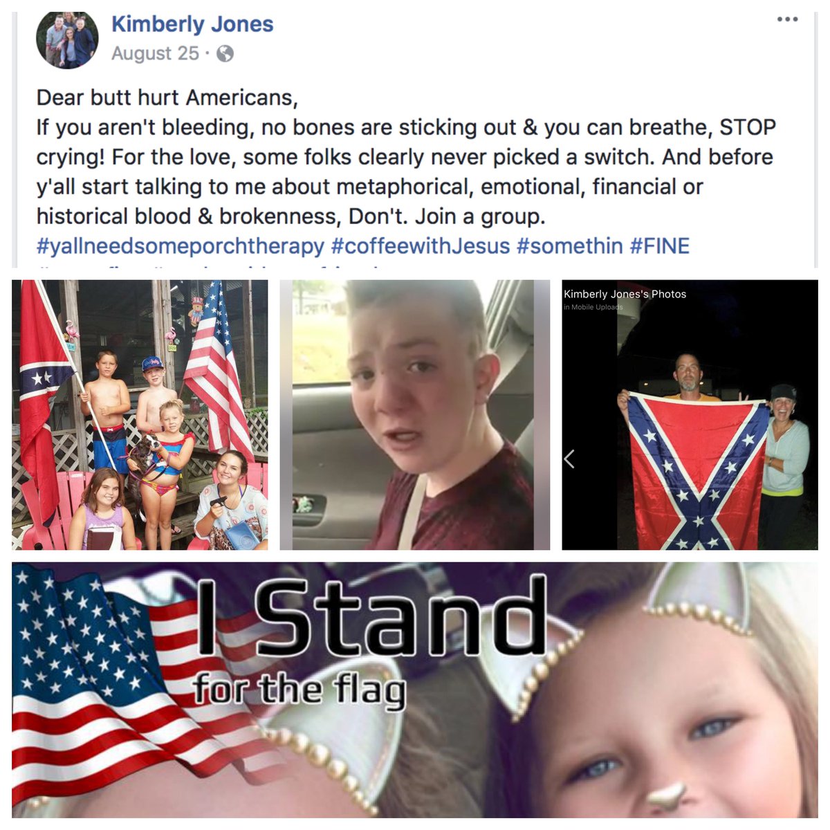 That viral video of #KeatonJones talking about being bullied is heartbreaking, and I feel sympathetic towards that child. 
But his mom, Kimberly on the other hand, is a suspected racist who makes very problematic posts bullying Black protesters #TheIrony