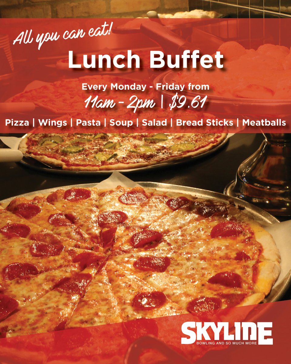 SkylineDuluth's tweet image. Want real food but need it fast? Check out our lunch buffet featuring pasta, pizza, meatballs, salad and so much more! Don't spend your lunch hour in a drive through, bring the work gang to Skyline!

#pizza #lunchbuffet #realfoodfast #yum #skylinelanes