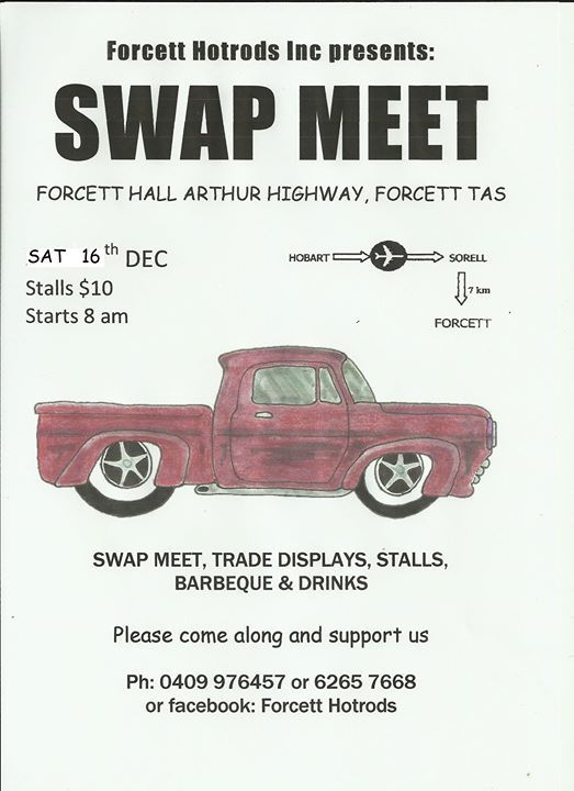 The Forcett #Swap Meet will be held on Satrurday 16 December 2017 at Orcett Hall, Arthur Highway, #Forcett TAS carsofaustralia.com.au/whats_on.php?d…