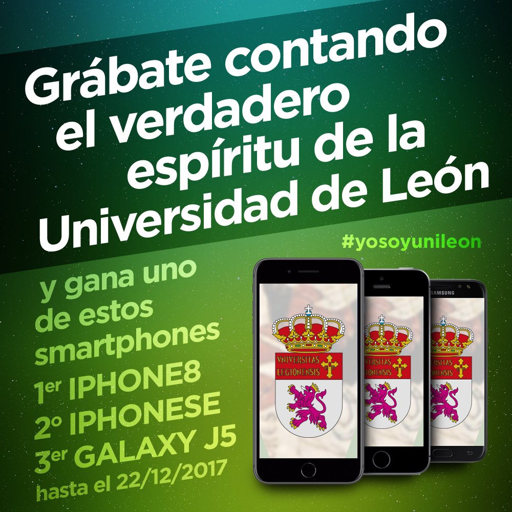 CONCURSO #yosoyUNILEON para estudiantes #UNILEON 
¿Quieres ganar un smartphone 📱contando como es el verdadero espíritu de la <a href="/unileon/">Universidad de León</a> ?

🎥 grábate un video contándolo y entra en el concurso
📆 Tienes hasta el 20 de diciembre
📒 Bases en bit.ly/concursoUNILEON

#leonesp