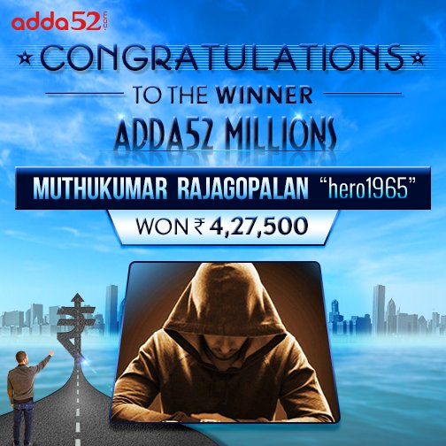 Adda_52's tweet photo. Congratulations to the winner of Adda52 Millions - Muthukumar Rajagopalan "hero1965" won Rs. 4,27,500.
#Win #Winner #Adda52Millions #Success #Adda52 https://t.co/sVcKcMsLcF