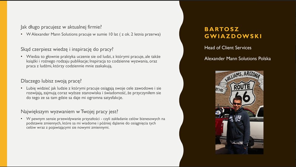 Czas na przedstawienie panelisty #3: Bartek Gwiazdowski, Head of Client Services w Alexander Mann Solutions. #meetup #HRBP #recruitment