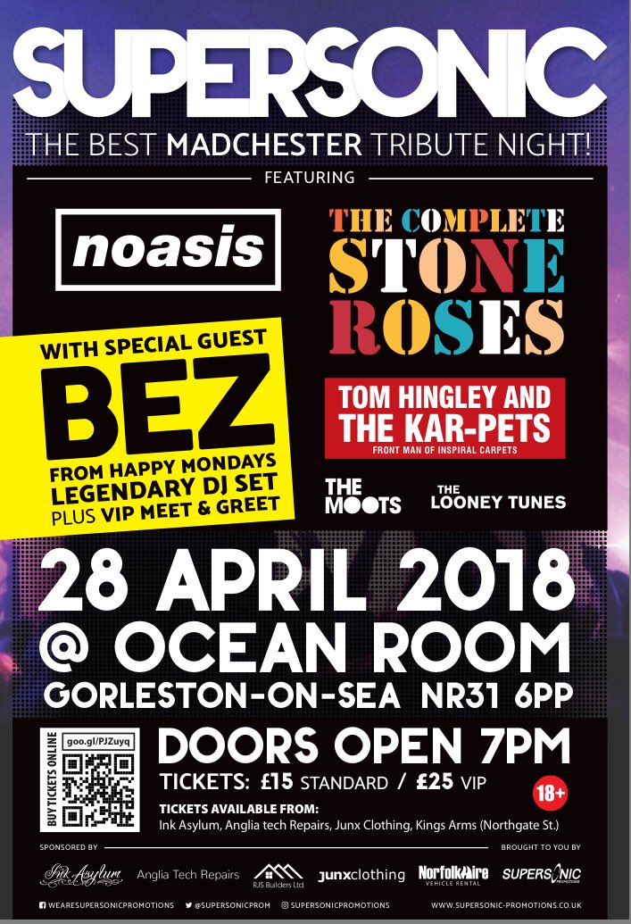 Just 20 early bird tickets remain at just £10...that’s an insane bargain for this lineup! Get yours here tickettailor.com/checkout/view-… <a href="/tomhingleymusic/">Tom Hingley</a> @pets_kar <a href="/noasisofficial/">Noasis</a> <a href="/thecompletes/">COMPLETE STONE ROSES</a> #Madchester #Music #BezDancing #GreatYarmouth #Live