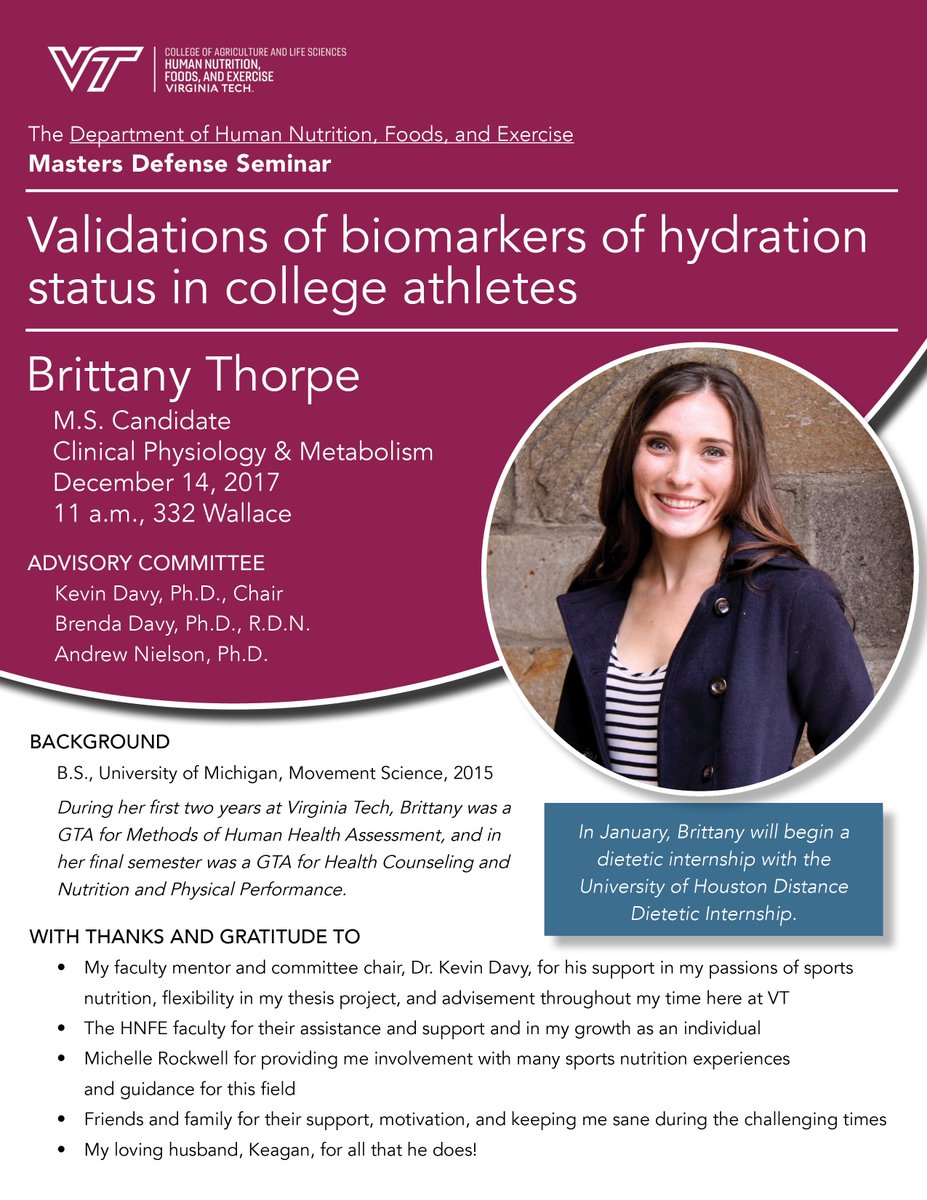 MS candidate Brittany Thorpe presents her #HNFEdefense on Dec. 14: Validation of Biomarkers of Hydration Status in College Athletes @kdinbburg @DavyBrenda #HNFEstudents #HNFEresearch