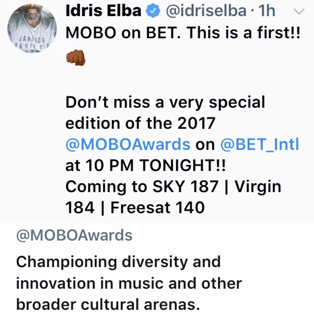 BayouInfused's tweet photo. Dear @idriselba thanks for this tweet;

Dear @BET_Intl, thanks for being a World 🌎 Citizen;

Dear @MOBOAwards, thanks for recognizing the power of Inclusive Diversity.

Dear @parisjKOMO, thanks for leading by example.

#BlackKings

#KingXavier

#KingMurray

#LevelThePlayingField https://t.co/GCfKnZBX5u