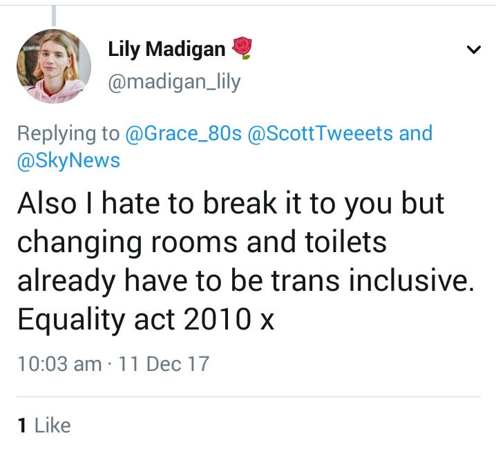 Here's Lily showing his ignorance of women's legal protections under the Equality Act. Changing rooms are actually cited in the exemptions as an example of where sex segregated spaces are lawful.