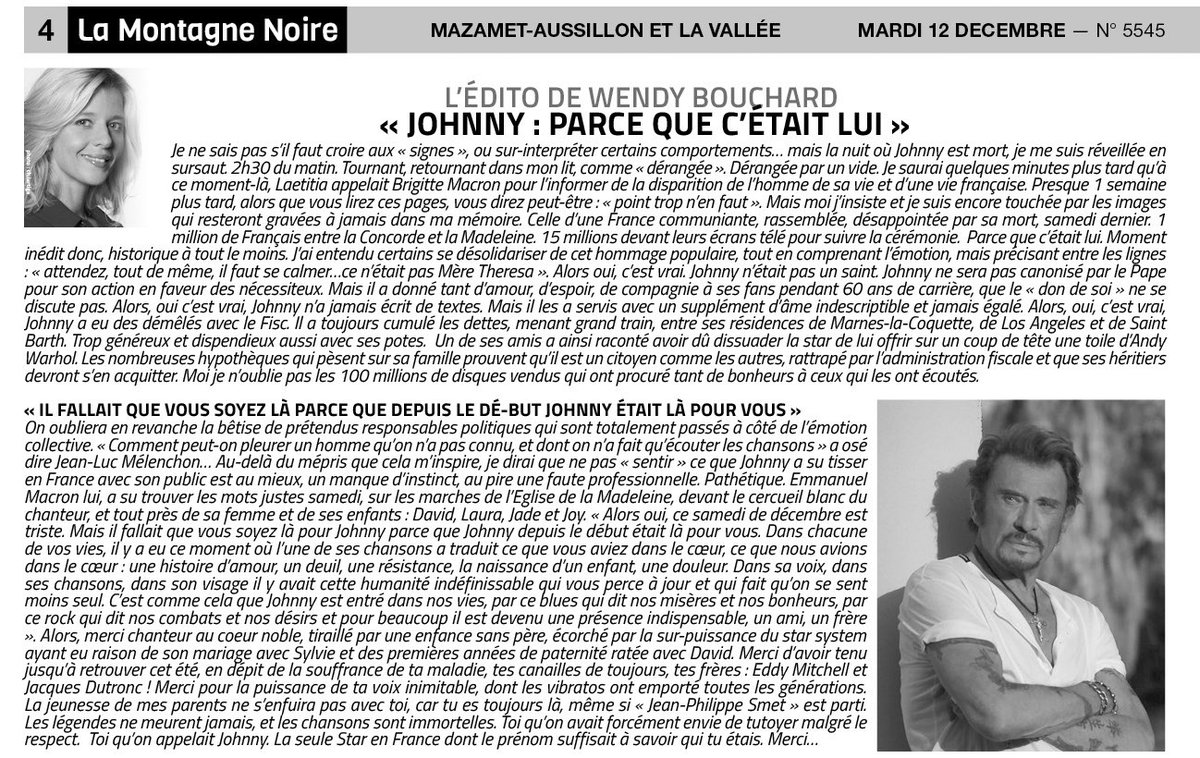 WendyBouchard's tweet photo. #Johnny présent aussi demain évidemment dans mon édito de la @MontagneNoire81 petit journal local que je soutiens avec ces billets avec @laurentcabrol #johnnyhallydayhommage ✨✨✨ https://t.co/0NG0GwW4nS