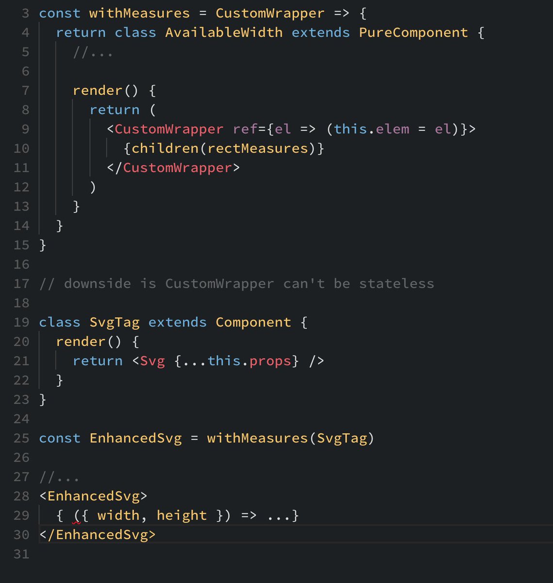 omulet's tweet image. This is a nice utility, and @vincentriemer&apos;s as well, but both solutions relies on an extra div to get the DOM ref, which might be not suitable in some cases. I&apos;d use a combination of #hoc and #renderprops to make it more flexible. Something like this probably?...
