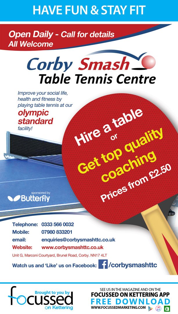 Focussedmag's tweet photo. Have fun & stay fit @ Corby Smash Table tennis centre.Prices from £2.50 #focussedonkettering #barbwiredesign https://t.co/b3nRP4Pp46