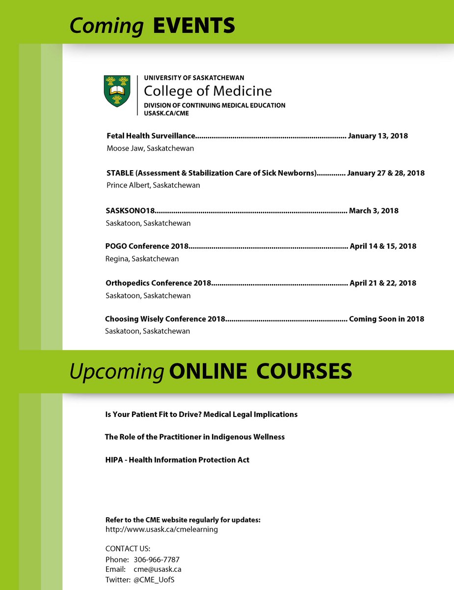 usask_CME's tweet photo. Programming for 2018 is now out! Mark your calendars for conferences and workshops in Saskatchewan. Also remember to check out CME's online courses. https://t.co/dtQ5Q6UU0t