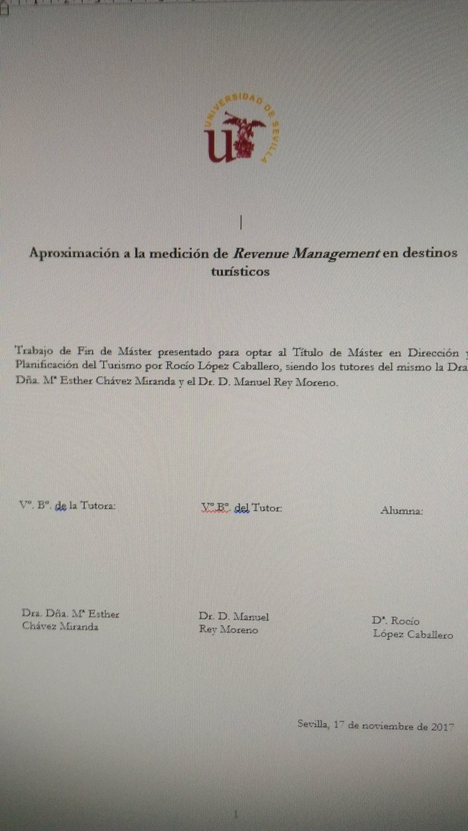 revenueUSevilla's tweet photo. Enhorabuena por tu Trabajo Fin de Máster @MutusWorld @ftfsevilla , Rocío. Muy buena aproximación sobre Revenue Management en destinos!! https://t.co/dhcsIadOYb