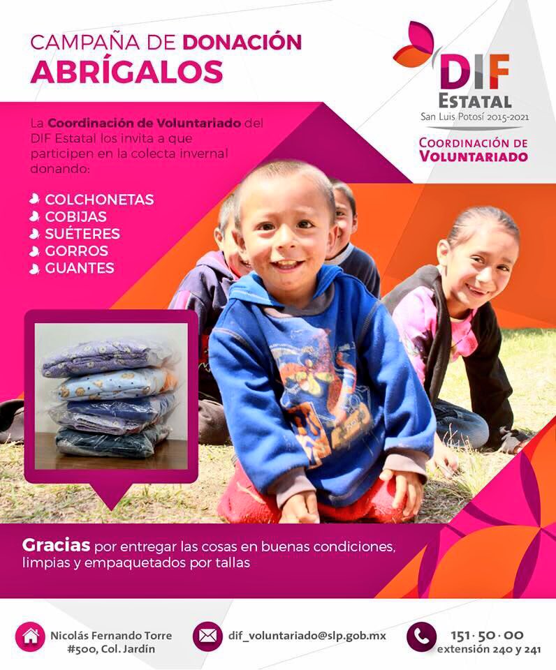 Te invitamos a participar a la Campaña de Donación ABRÍGALOS del @DIF_SLP, apoyemos esta importante causa #ProsperemosJuntos