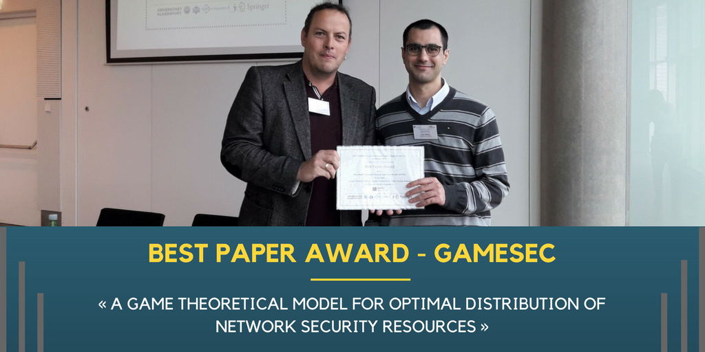 ChaireCyberCNI's tweet photo. Ziad Ismail, post-doctorant @ChaireCyberCNI et Jean Leneutre, enseignant chercheur @TelecomPTech , obtiennent le best paper award de la conf #GameSec pour leur article : "A Game Theoretical Model for Optimal Distribution of Network Security Resources" https://t.co/ToV0inw5V9 #IDS https://t.co/tF46AtPMcJ