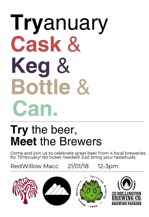 redwillowbrew's tweet image. We&apos;re teaming up with @Torrside @BollyBrewing &amp;amp; @fivecloudbrewco to bring you local beers for @Tryanuary ... Try the beer &amp;amp; meet the brewers ... #Macclesfield #TRYanuary