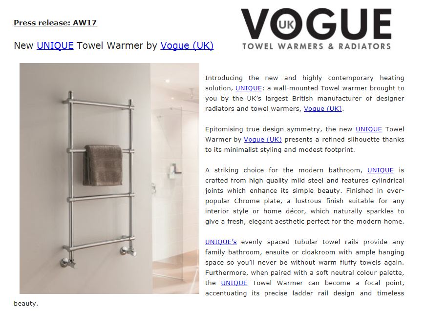 best unsolicited PR I've had in ages, even beating the two I've had about designer salt in the last week. 'refined silhouette', 'precise ladder rail design' and 'timeless beauty'. 

it's a towel rail guys