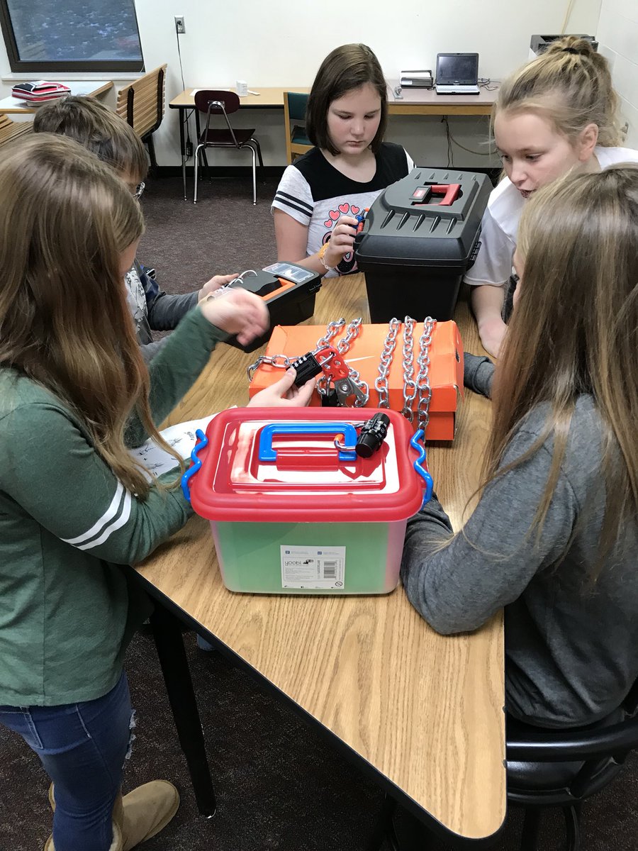 DSUteach's tweet photo. @MadisonMSNews students trying to crack the codes to the locks! #breakoutedu games developed by @DakotaState College of Ed students.  #perseverance https://t.co/rDTdVEnKag