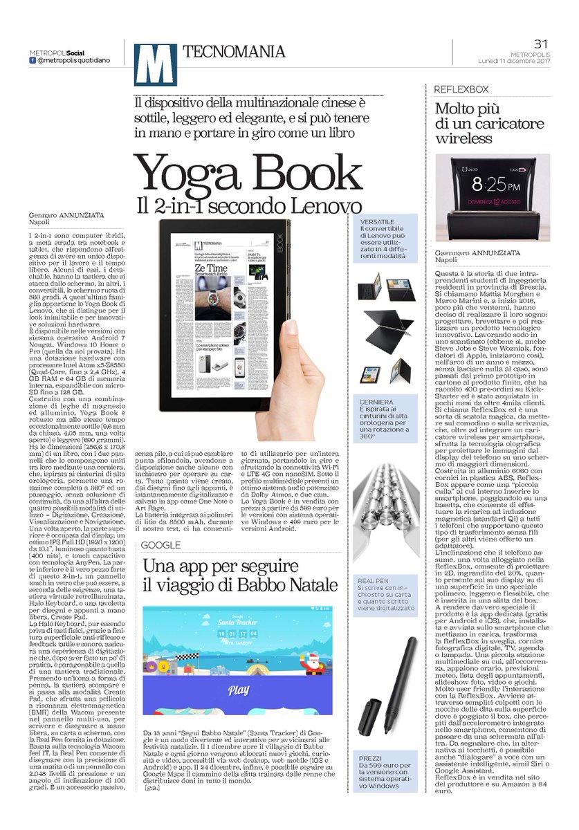 gannunziata's tweet photo. METROPOLIS #TECNOMANIA | Oggi in edicola e sul web: Yoga Book, il futuro dei 2-in-1 - https://t.co/BeEZ6QJ1Wk; ReflexBox, molto più di un caricatore wireless - https://t.co/BeEZ6QJ1Wk; Una app per seguire il viaggio di Babbo Natale - https://t.co/LMXz94HG1S https://t.co/KdoAEjQGc3