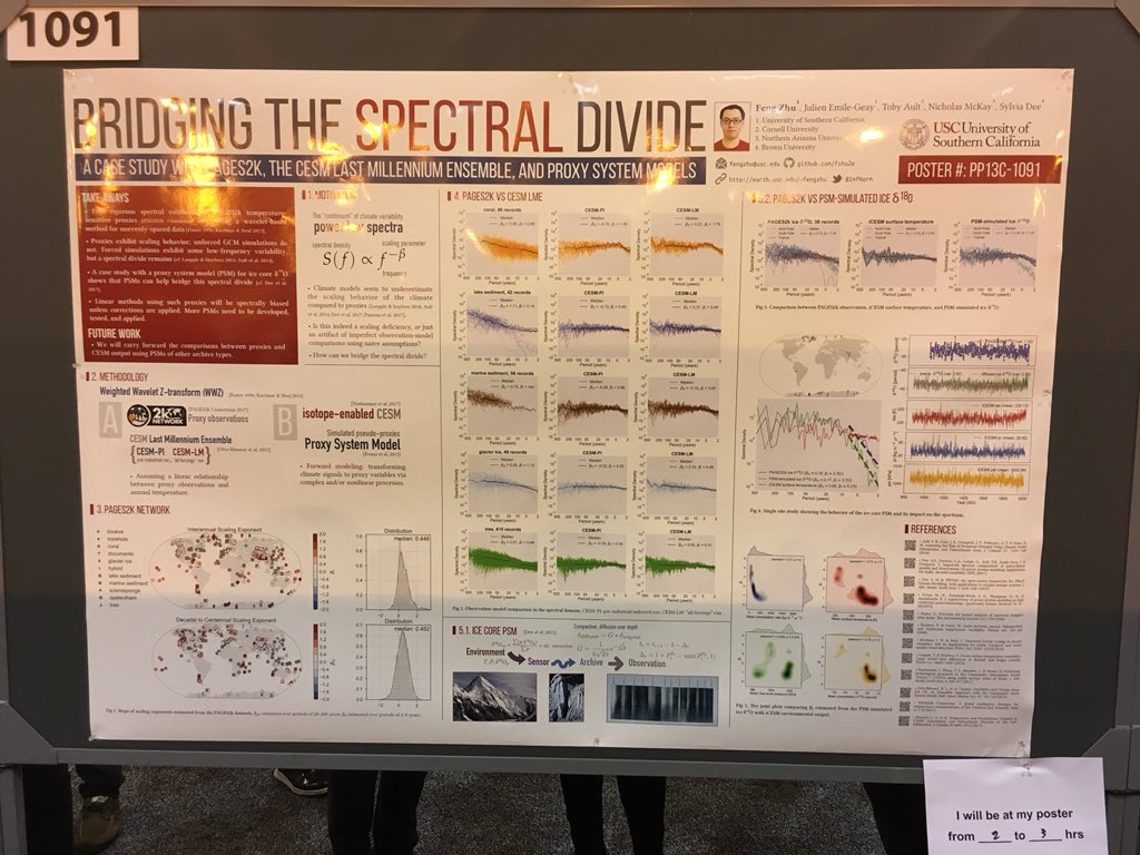 InfNorm's tweet photo. Welcome to my AGU poster from 1:40pm to 6 pm today! Bridging the spectral divide: a case study with PAGES2k, the CESM Last Millennium Ensemble, and proxy system models. Poster number: PP13C-1091 #AGU17 https://t.co/mZQFpdwwQW