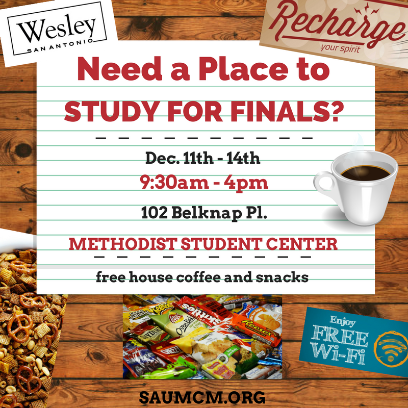 wfsanantonio's tweet photo. @SAC_PR Need a place to study for finals this week? You are welcome at the Methodist Student Center. #wesleysanantonio #SACProud #finals #freewifi #freecoffee #freesnacks https://t.co/Qk7HC7xEqj