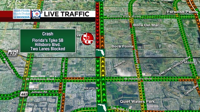 CRASH: Florida's Tpke SB before your approach to Hillsboro Blvd. Two lanes are blocked; expect delays. #TRAFFIC https://t.co/KjEst7hMD0