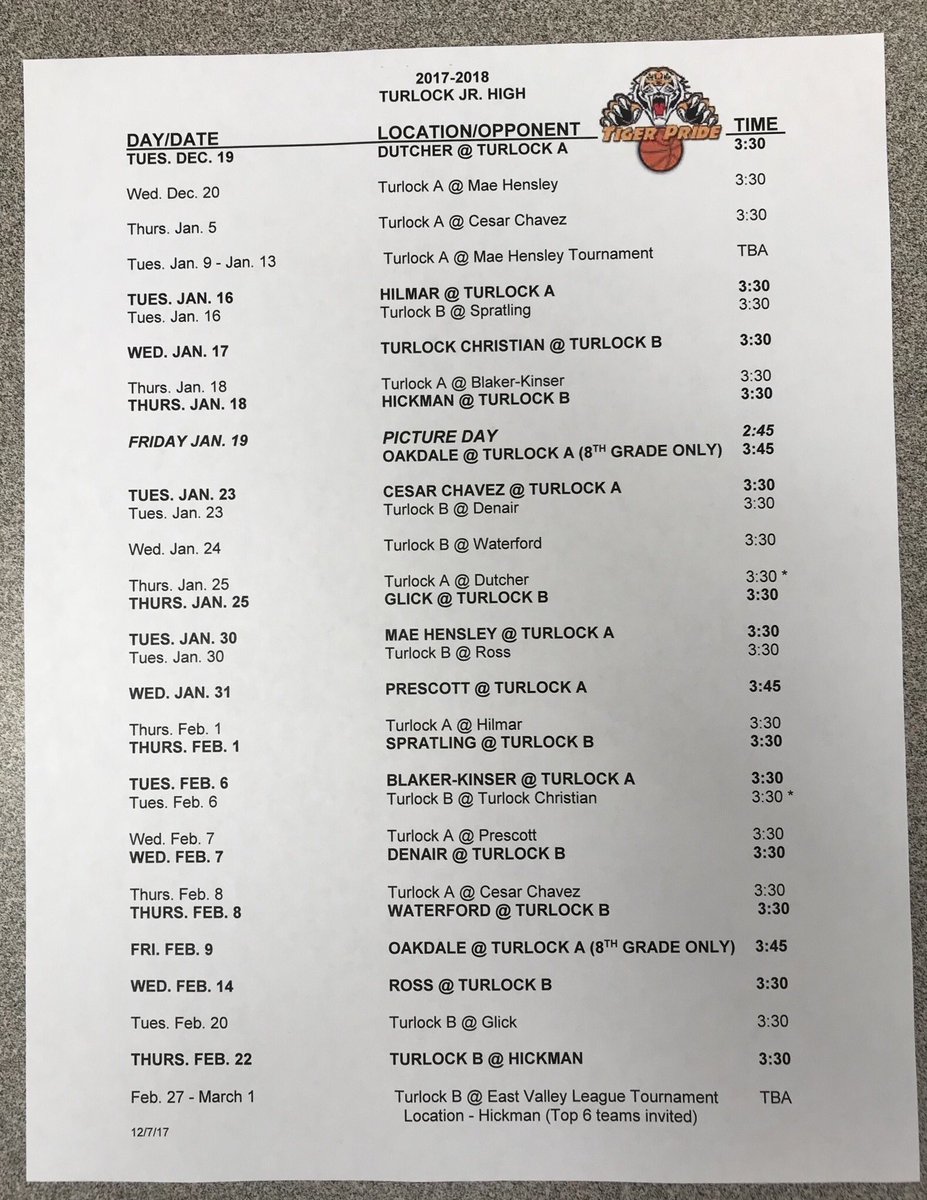 Turlock Junior High On Twitter Updated Boys Basketball Schedule Added 2 Games One On Fri 1 19 And The Other On Fri 2 9 Both Are Against Oakdale And Only The 8th Grade A Turlock High School Calendar