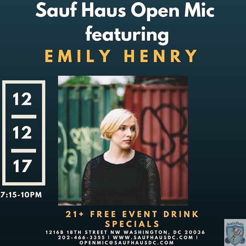 SaufHausDC's tweet image. Open Mic Night
Tuesday 12/12
Online sign ups -&amp;gt; ow.ly/OskR30h07qt
Walk In sign ups at 7:15p
Performances from 8-10p
21+ drink specials,NO COVER! 
Featured artist: @emilyhenrymusic 
Thanks to our sponsor @7drumcity!
#DCOpenMic #OpenMicNight #DC #livemusic #singersongwriters
