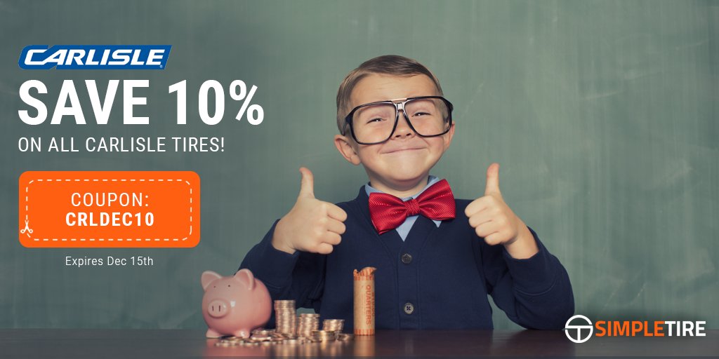 SimpleTire's tweet image. Receive 10% off all Carlisle tires using code CRLDEC10 at checkout. Offer valid now until Dec. 15 @ 11:59pm PT and cannot be combined with any other offer.
Save now: simpletire.com/carlisle-tires

#CarlisleTires #TireSale #SaveonTires #Coupon #Tires #TiresDiscounted