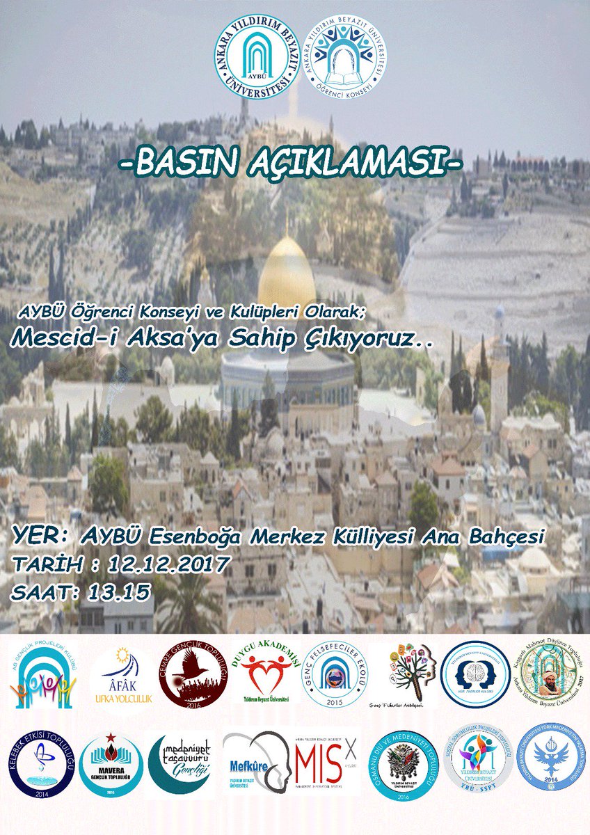Kudüs ve dolayısıyla Mescid-i Aksa ya sahip çıkıyoruz. Bu vesileyle yarın saat 13.15 te Esenboğa Merkez Külliyemiz A ve B blok arasındaki havuzun orada buluşuyoruz. <a href="/drMetinDogan/">Prof.Dr.Metin Doğan</a>