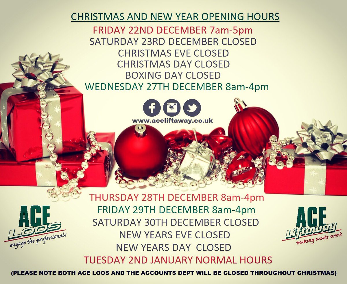 ♻️ CHRISTMAS OPENING HOURS ♻️

🎄🎅🏼🎁🎄🎁🎅🏼🎄🎁🎅🏼🎄

#ChristmasIsComing
#OpeningHours
#TwoWeeksToday
#FestiveSeason
#Christmas
#SocialMedia
#WeAreAce
#HaveAnAceChristmas