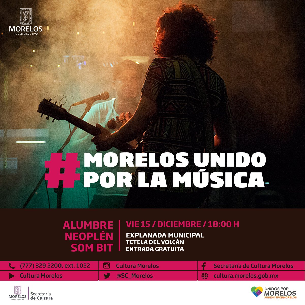 Cultura_Morelos's tweet photo. #MorelosUnidoPorLaMúsica en concierto #Alumbre, @neoplenoficial y #SomBit. Viernes 15 de diciembre a las 18:00 hrs., en la Explanada municipal de #TetelaDelVolcán. Actividad gratuita. #Morelos
https://t.co/hPiVS6MQ7h https://t.co/SKMgEZuuj3