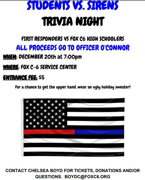 SeckmanStuco's tweet image. Trivia Night to raise $ for Officer O'Connor.  Students vs Sirens !