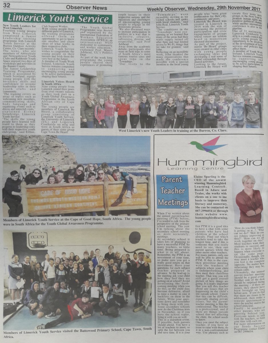 limerickyouth's tweet photo. Great feature in the #WeeklyObserver on our trip to #SouthAfrica with @LimerickBeHeard @comhairlelimk @POLITICSUL @UL & new junior leaders graduate in West #Limerick #limyouth #lys #youthwork https://t.co/yignLGEMGb